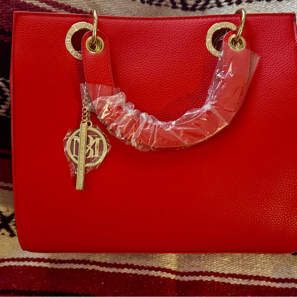 Gorgeous Badgley Mischka Red Tote with Gold Details. Brand New!